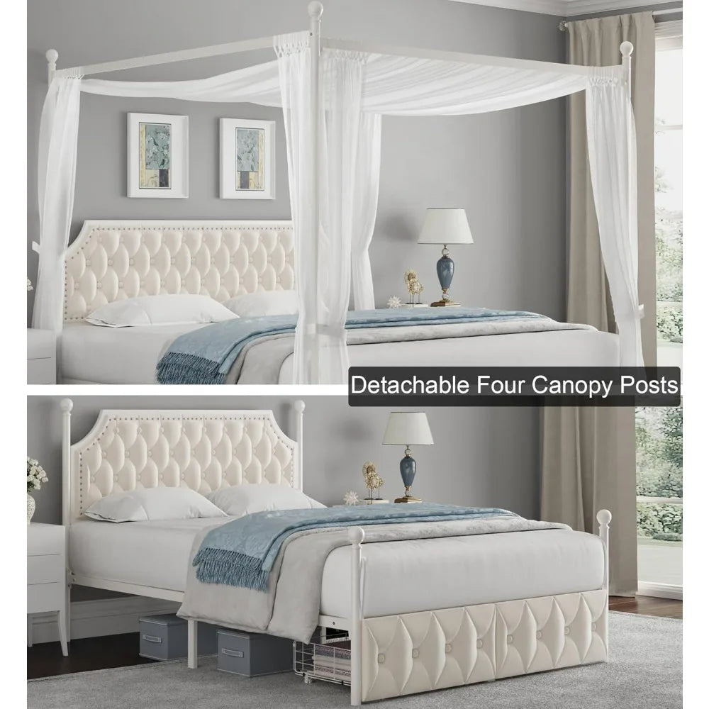 XMSJ Canopy Bed Frame With Storage Drawers And Metal Platform