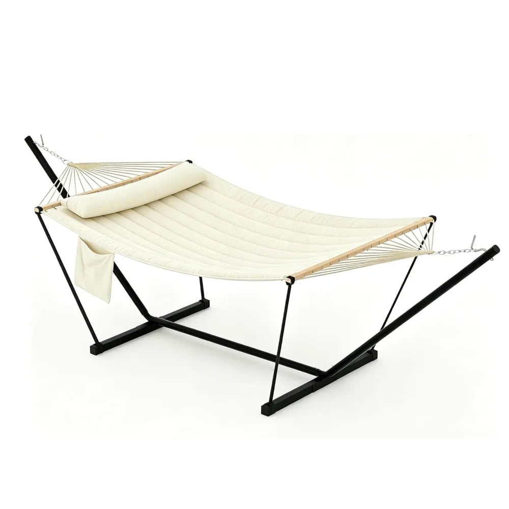 Double Polyester Hammock With Stand And Pillow For Outdoor Relaxation