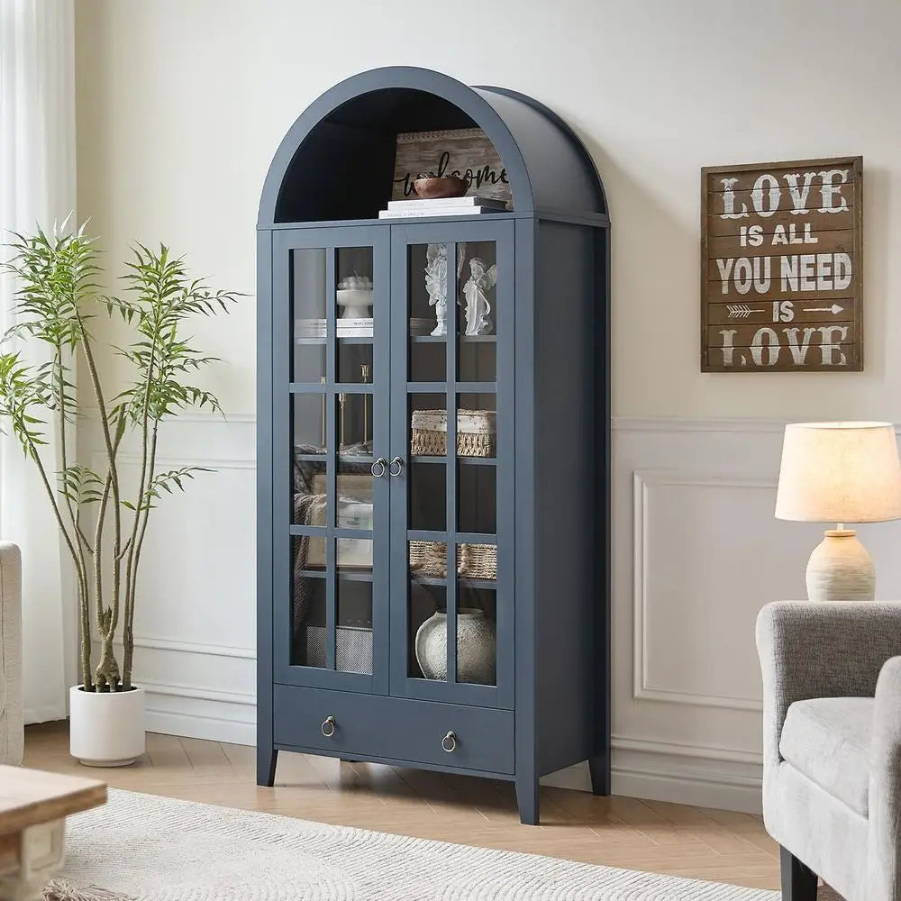 Arched Bamboo Cabinet With Glass Doors And Adjustable Shelves