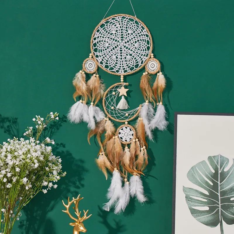 Large Handcrafted 5 Piece Dream Catcher Bohemian Moon Sun Wall Decor