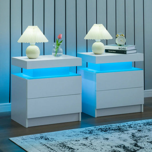 Cubehom Set Of 2 LED Nightstands With Drawers For Bedroom