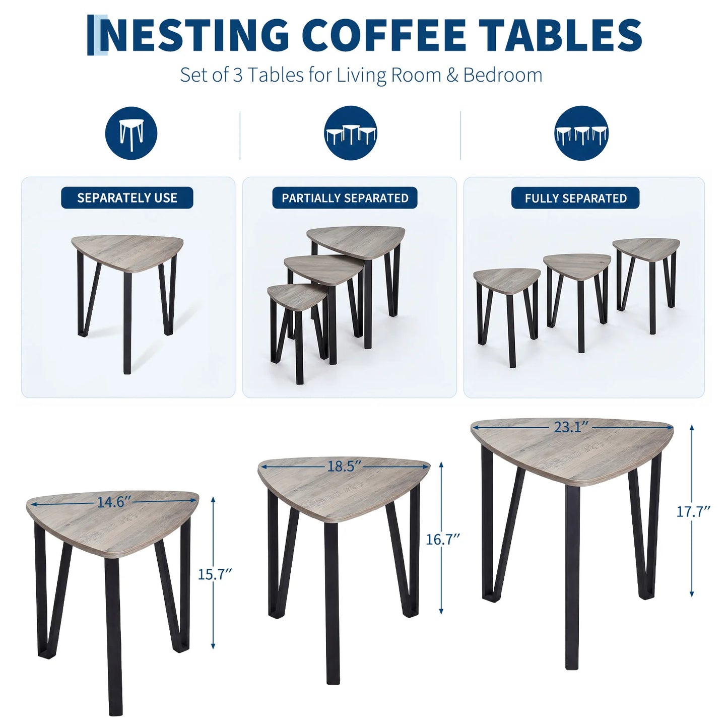 HiMISS Triangle Nesting Coffee Tables Three Piece Set Metal Frames