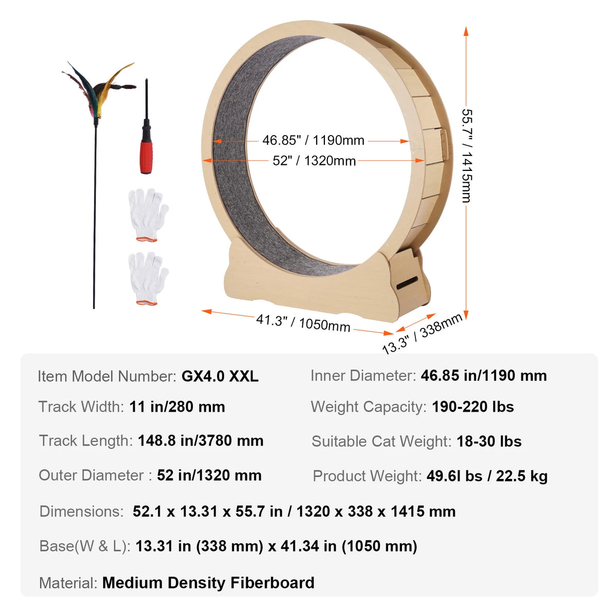 SucceBuy Wooden Cat Exercise Wheel with Detachable Carpet and Teaser
