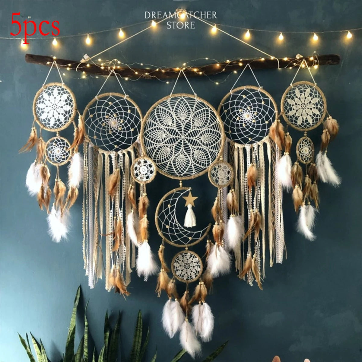 Large Handcrafted 5 Piece Dream Catcher Bohemian Moon Sun Wall Decor