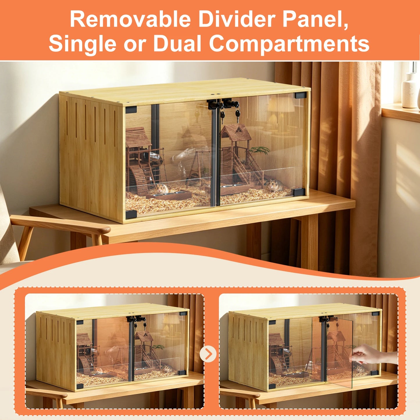 Wooden Hamster Cage With Dual Door Lock Chew Proof Divider