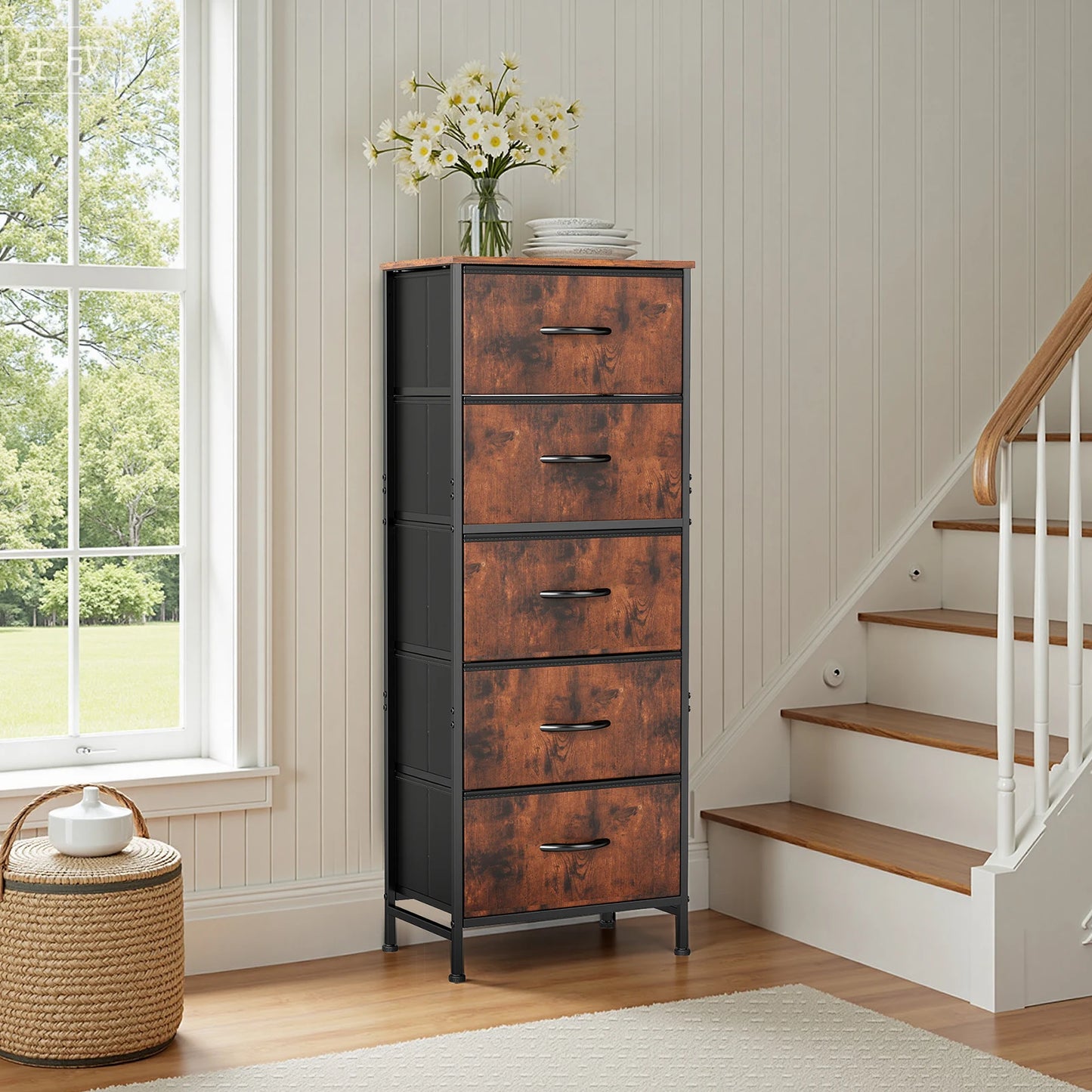 JHK Dresser With Five Fabric Drawers Steel Frame Bedroom Furniture