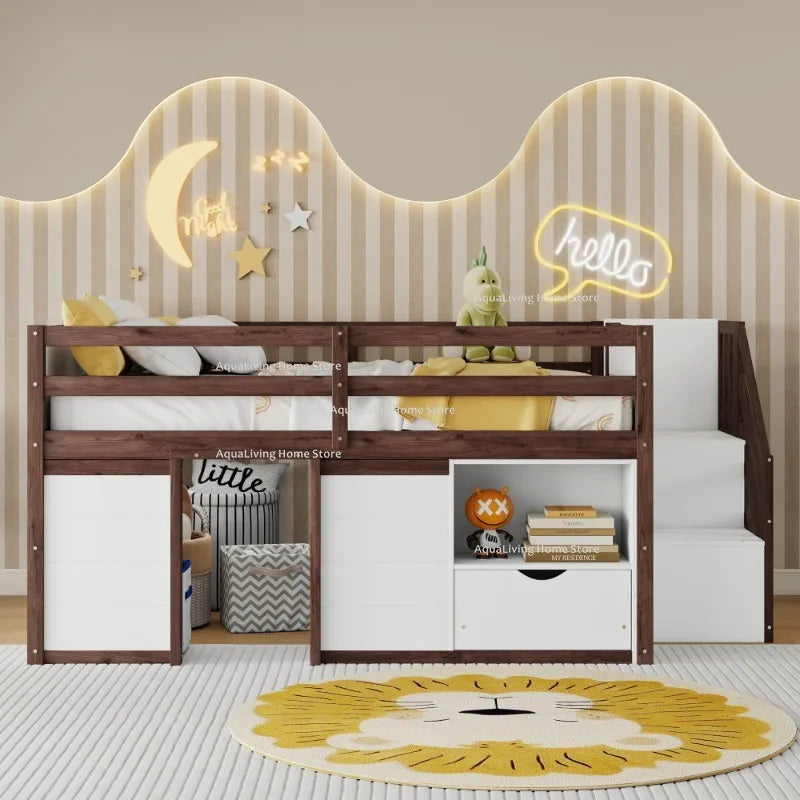 Solid Wood Kids Loft Bed With Stairs Storage Drawer Shelf