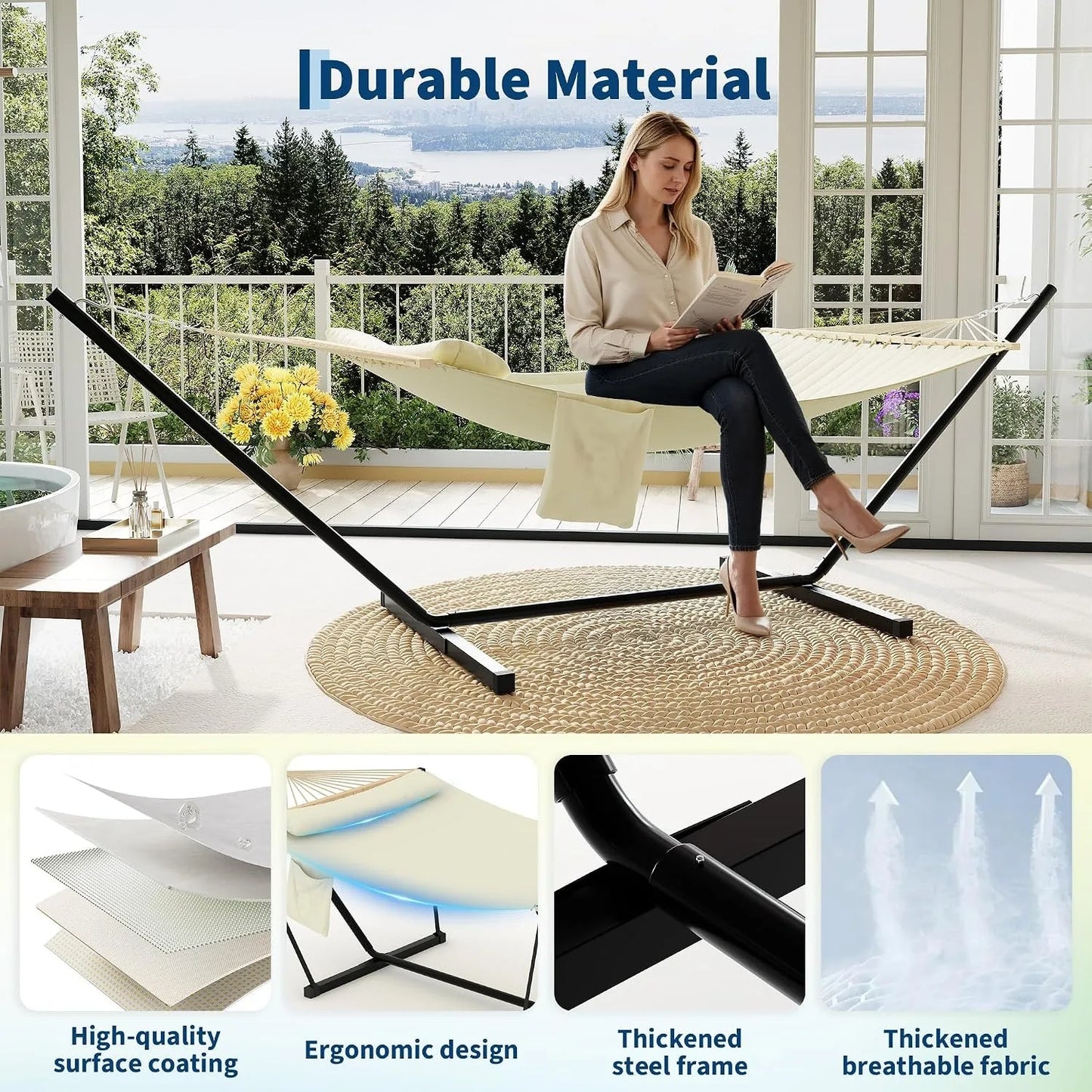 Double Polyester Hammock With Stand And Pillow For Outdoor Relaxation