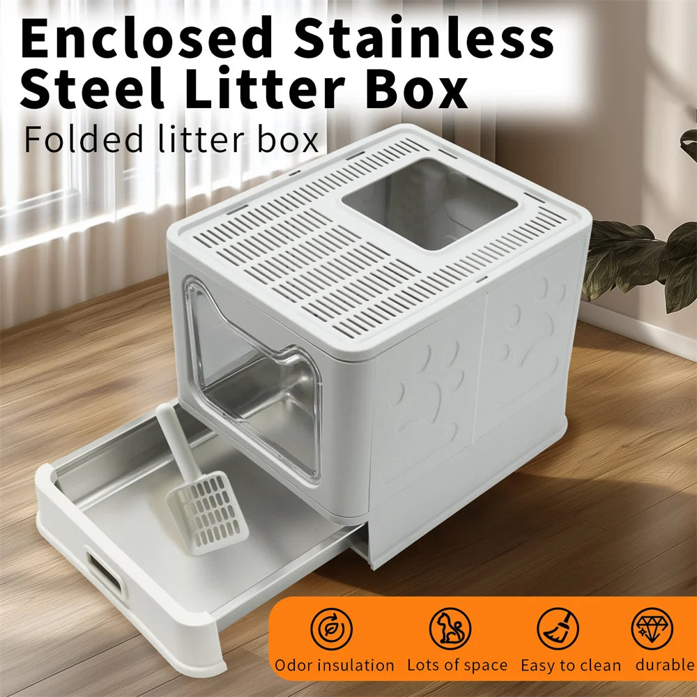 Enclosed Top-Entry Stainless Steel Cat Litter Box With Lid