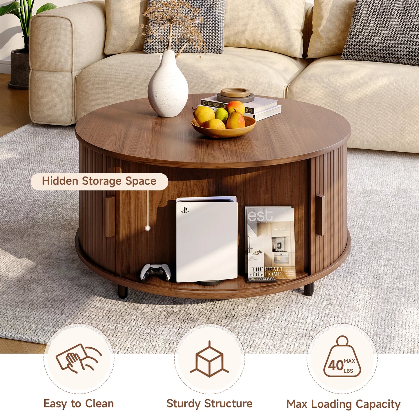 Onbrill Round Coffee Table With Storage And Curved Sliding Door