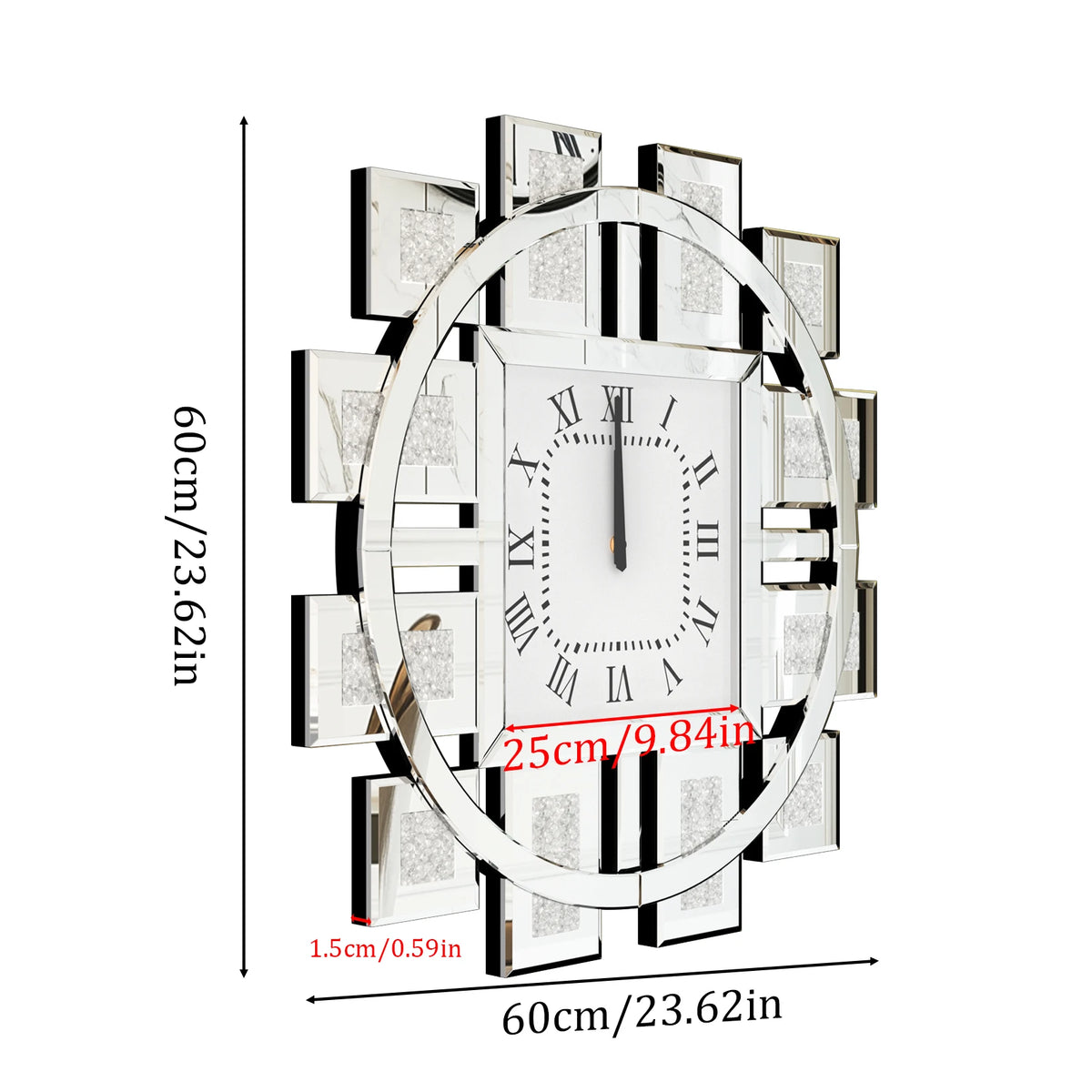 Crushed Diamond Mirror Wall Clock With Roman Numerals And Quartz Movement