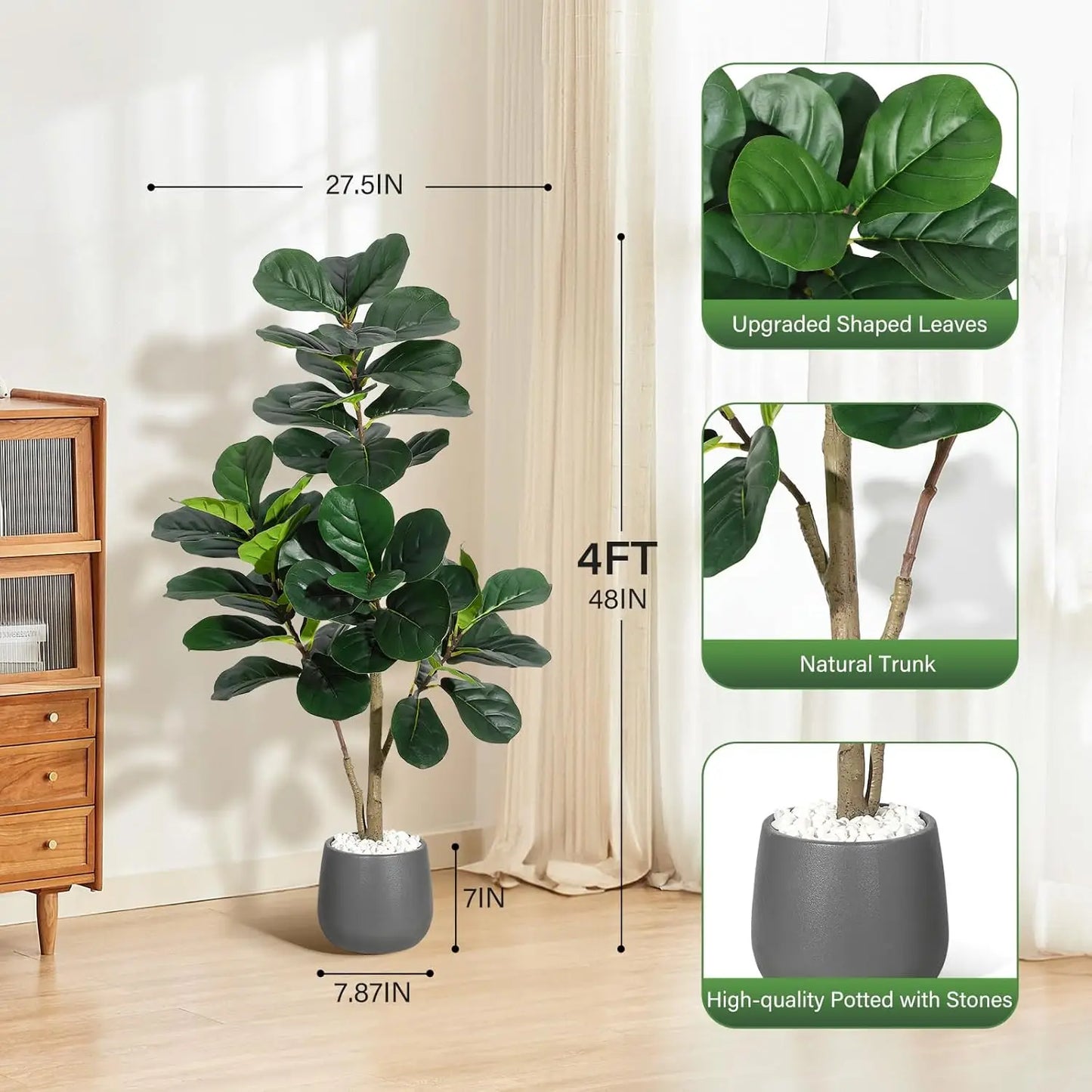 HiMISS Artificial Fiddle Leaf Fig Tree Realistic Leaves Planter Pot
