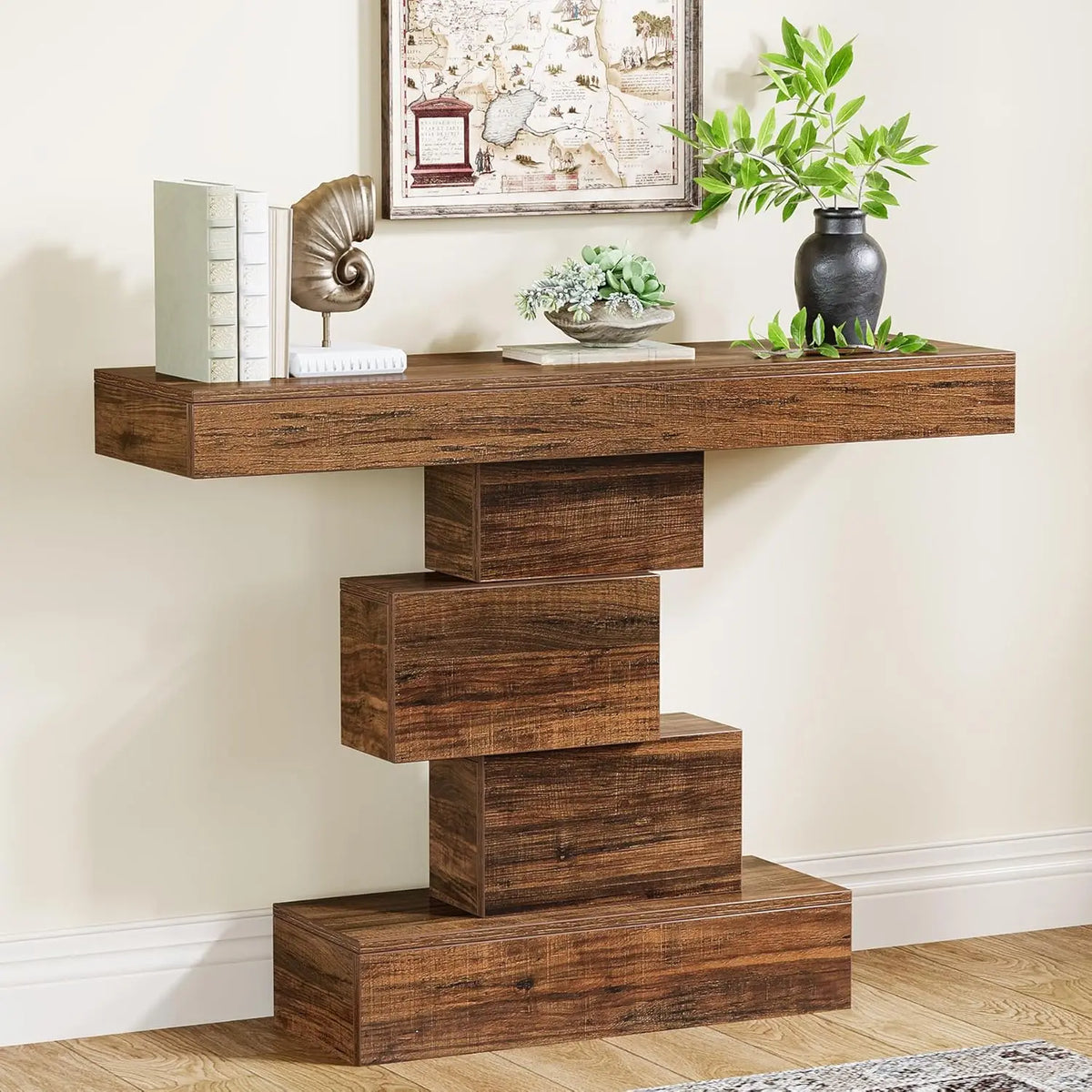Tribesigns Farmhouse Wooden Console Table With Storage And Geometric Base