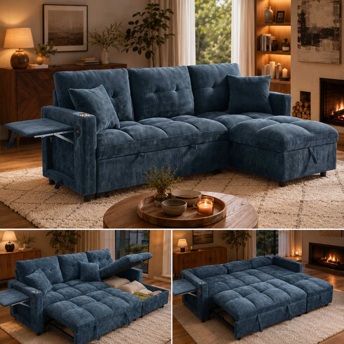 Convertible Sectional Sofa With Pull Out Bed And Storage Chaise