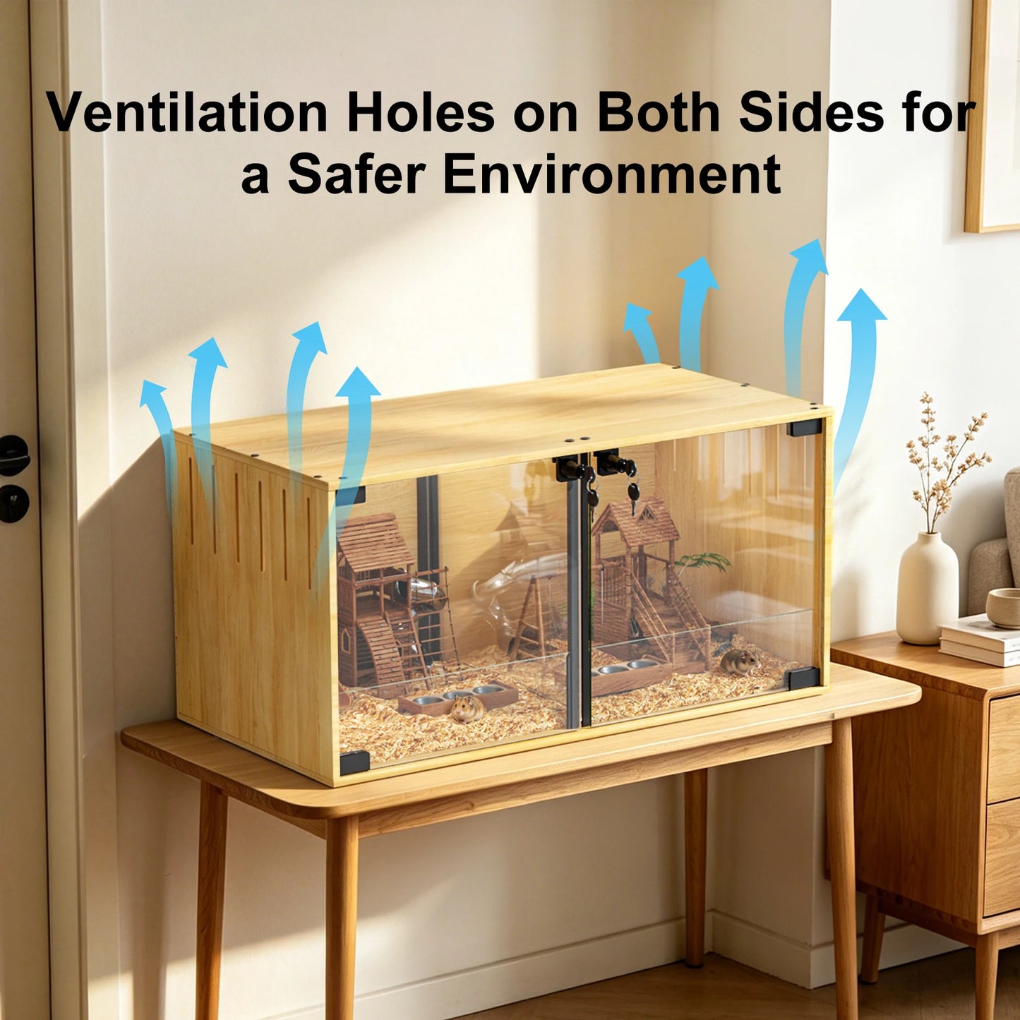 Wooden Hamster Cage With Dual Door Lock Chew Proof Divider
