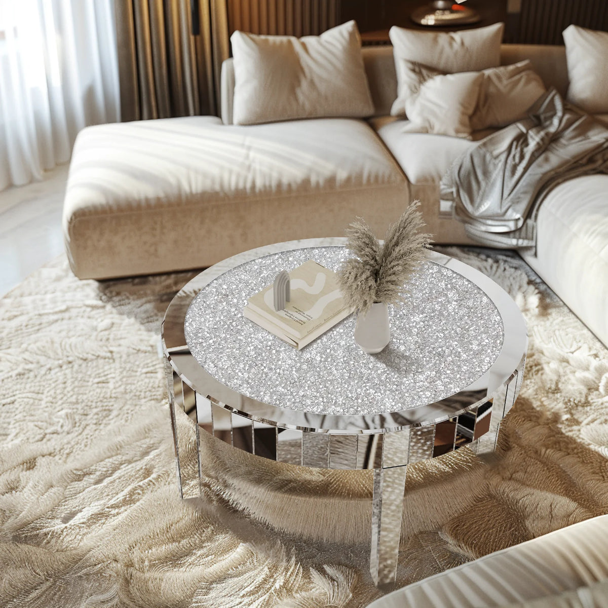 Modern Round Mirrored Glass Coffee Table Featuring Crystal Inlay Accent