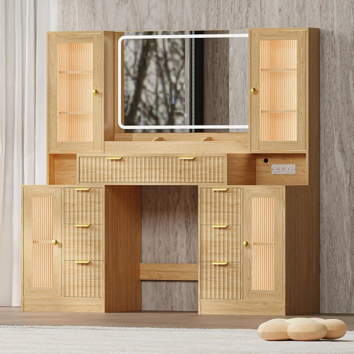 Fluted Makeup Vanity Desk With LED Mirror And Drawers