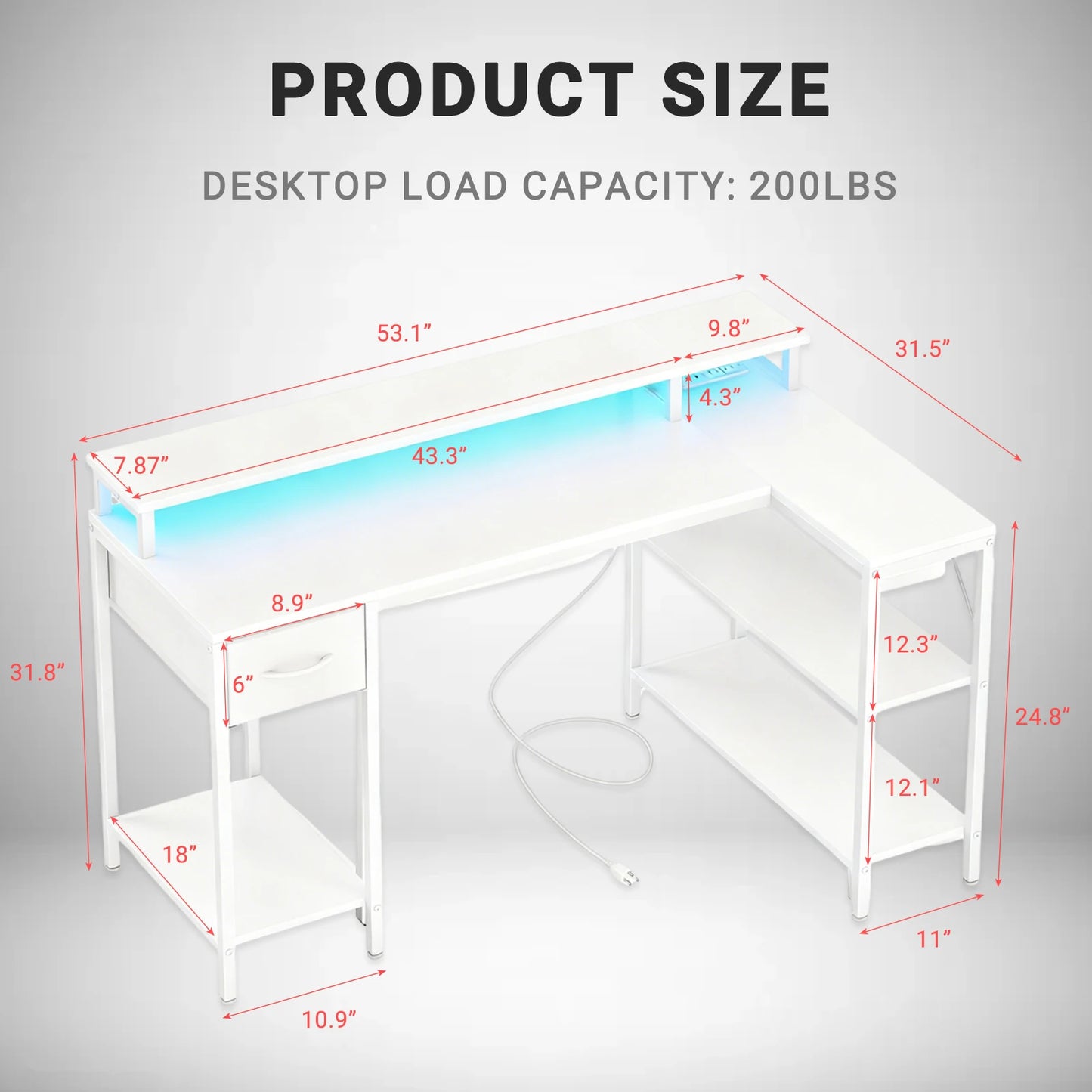 JHK L-Shaped Gaming Desk With USB Ports And LED Illumination