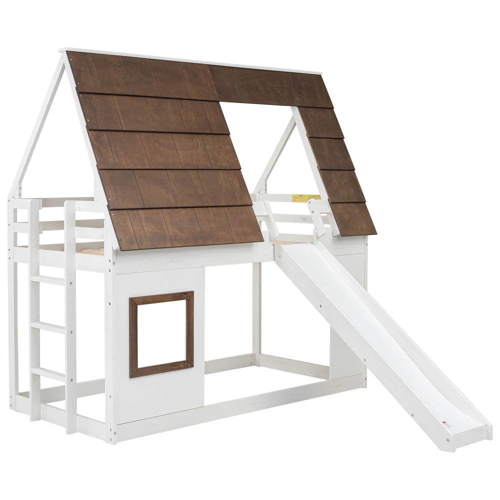 Modern Wood House Bunk Bed With Roof, Ladder And Slide