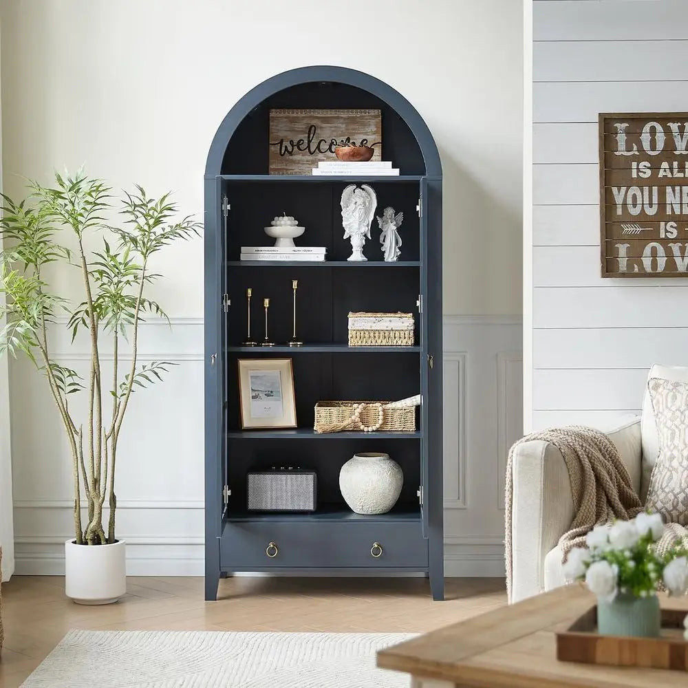 Arched Bamboo Cabinet With Glass Doors And Adjustable Shelves