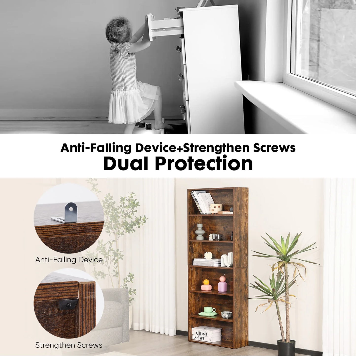 JHK 6 Tier Wooden Floor Standing Bookcase For Living Room