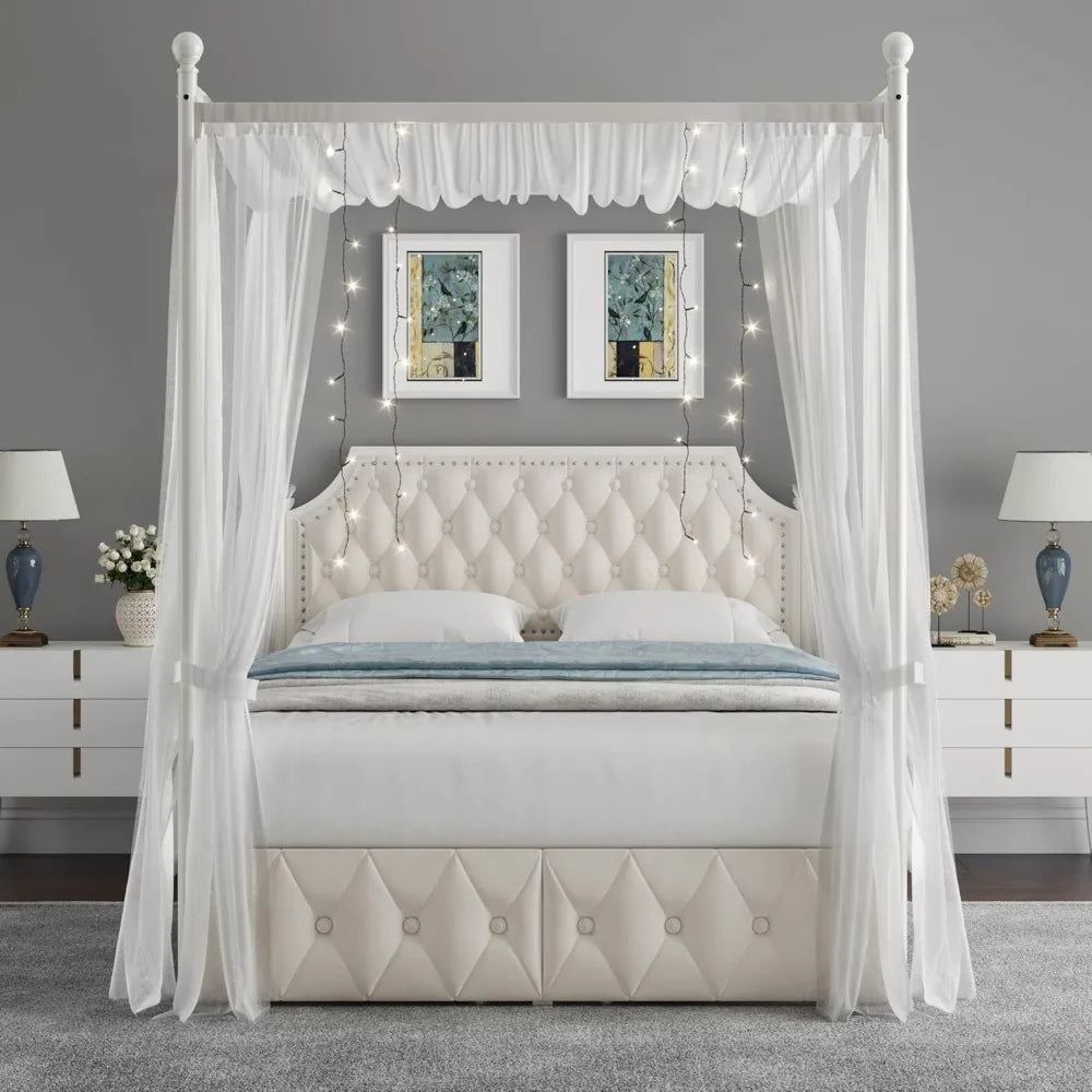 XMSJ Canopy Bed Frame With Storage Drawers And Metal Platform
