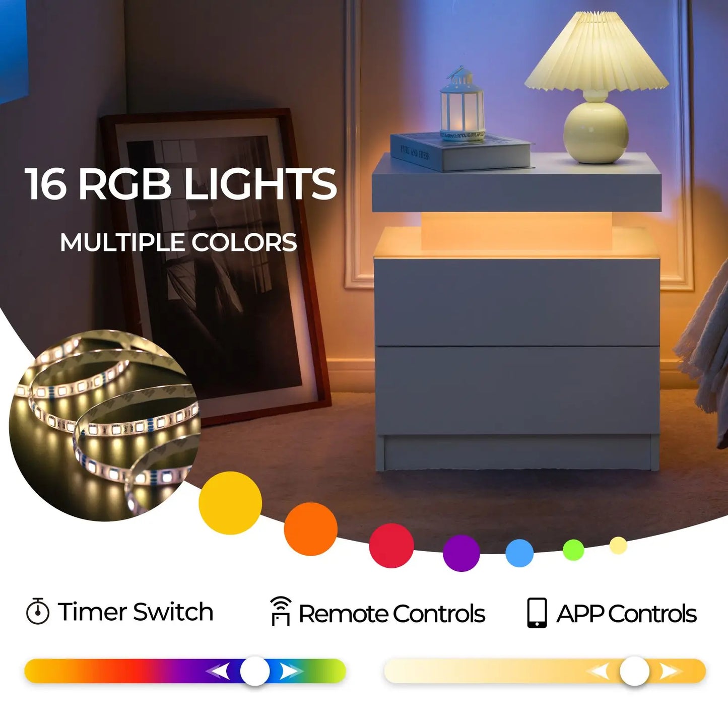 Cubehom Set Of 2 LED Nightstands With Drawers For Bedroom