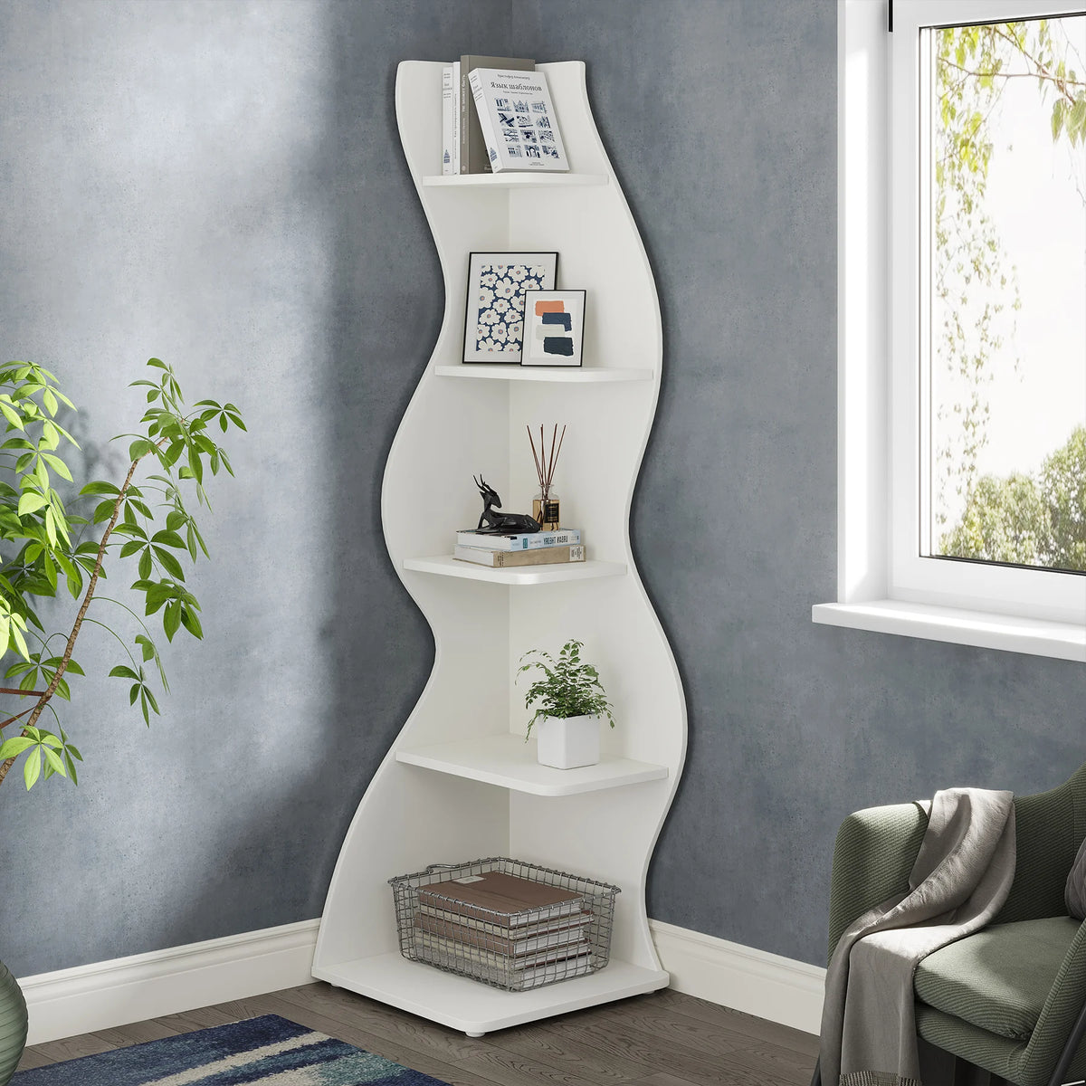Tribesigns Modern Five Tier Corner Bookshelf Wooden Storage Rack