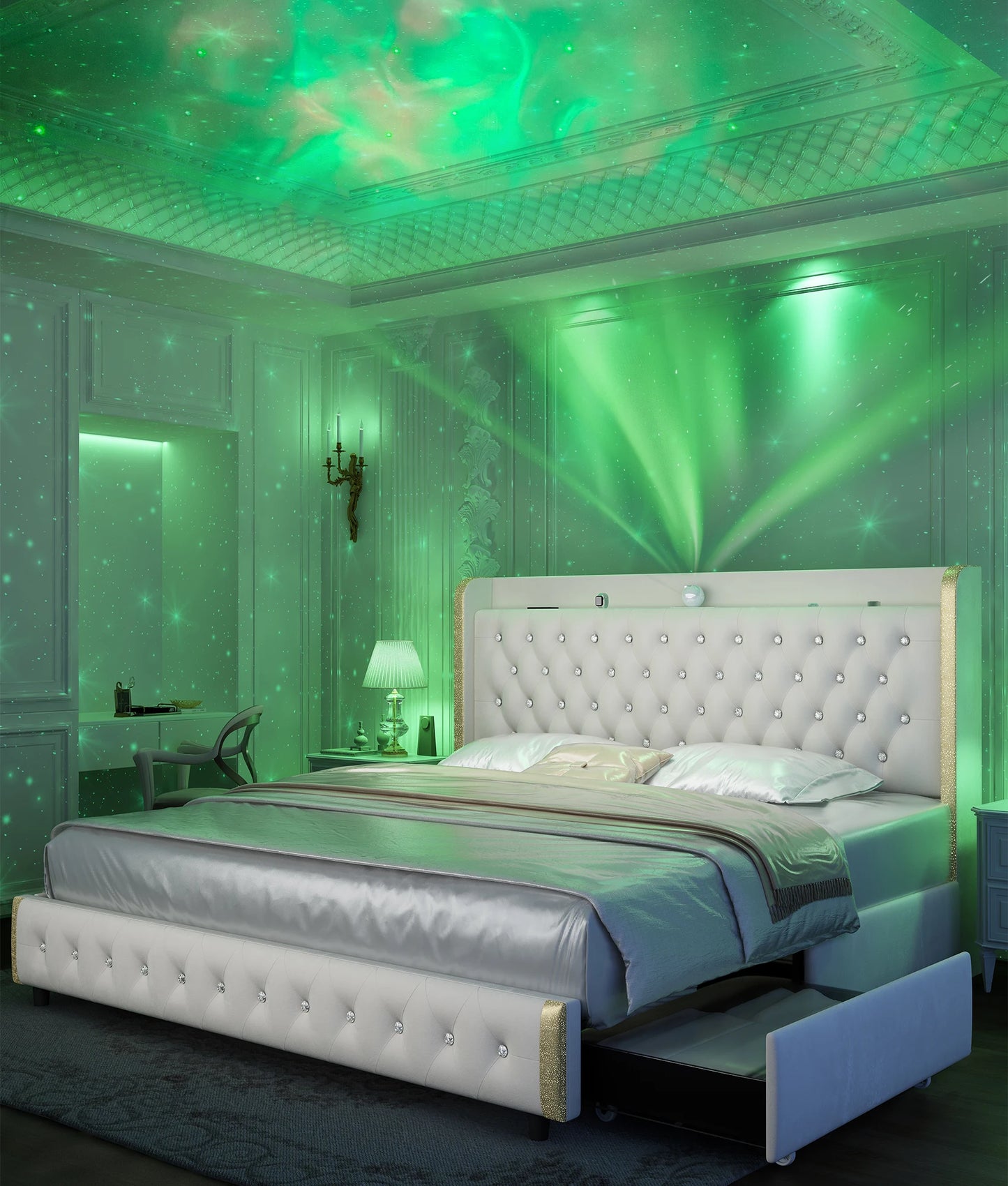 GEGOFORU Queen LED Bed Frame With Galaxy Projector And Bluetooth 4 Drawers