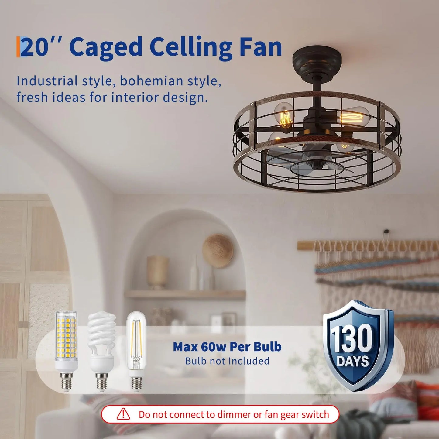 Adoolla Caged Farmhouse Fandelier Ceiling Fan With Light Remote