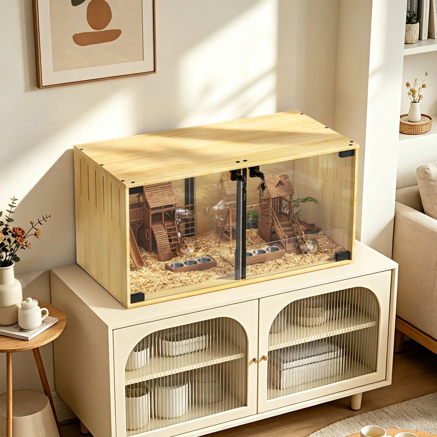Wooden Hamster And Guinea Pig Cage Removable Divider Tempered Glass Panels