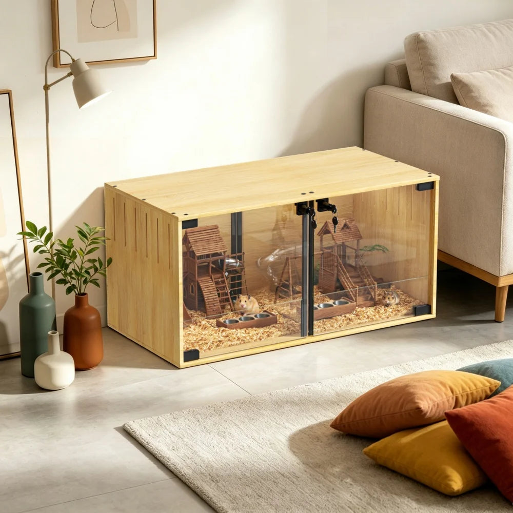 Wooden Hamster Cage With Dual Door Lock Chew Proof Divider