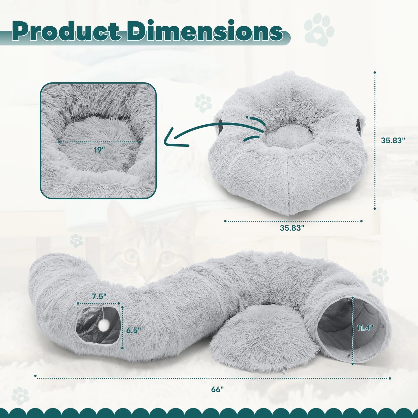 JHK Cat Tunnel Bed Plush Indoor Playground For Cats