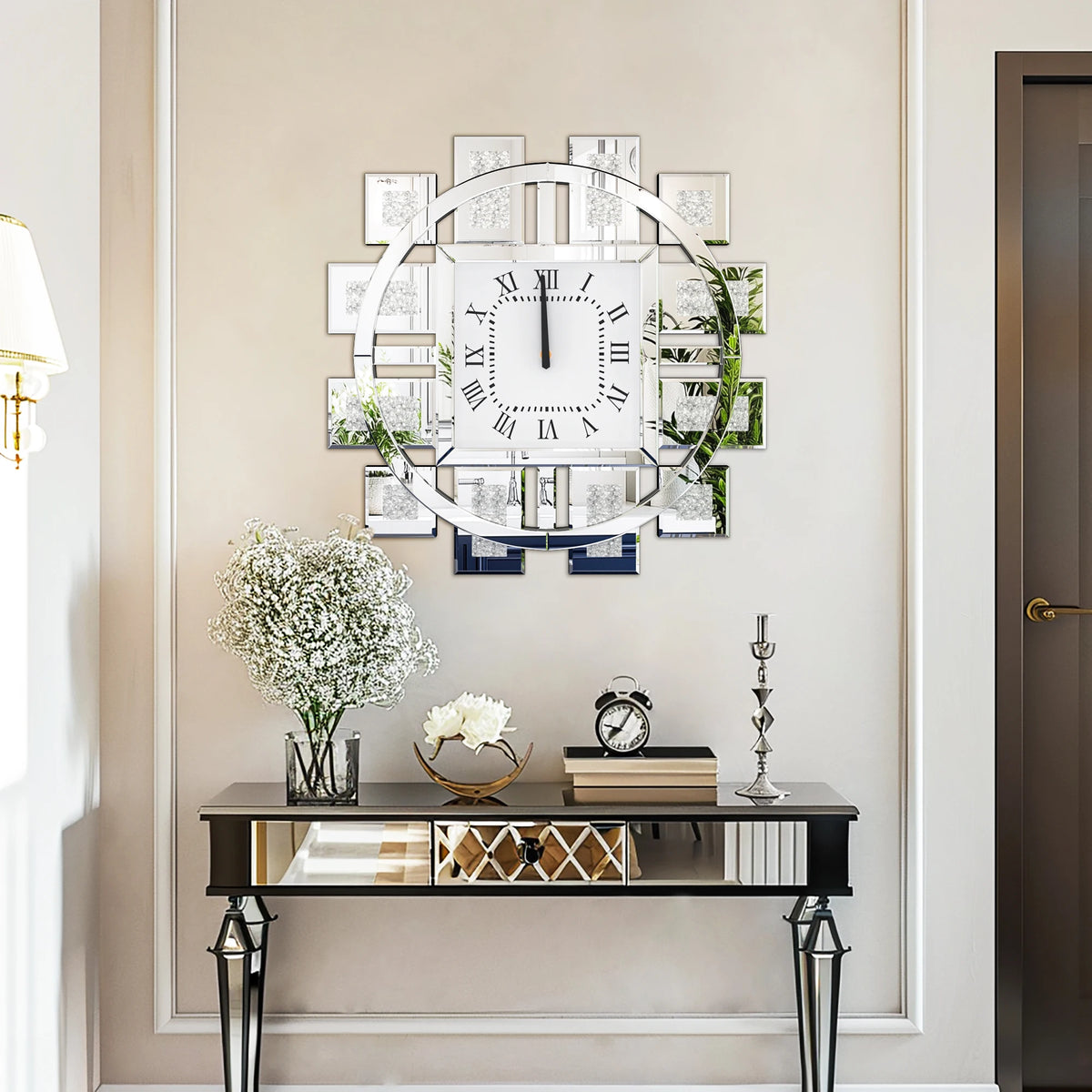 Crushed Diamond Mirror Wall Clock With Roman Numerals And Quartz Movement