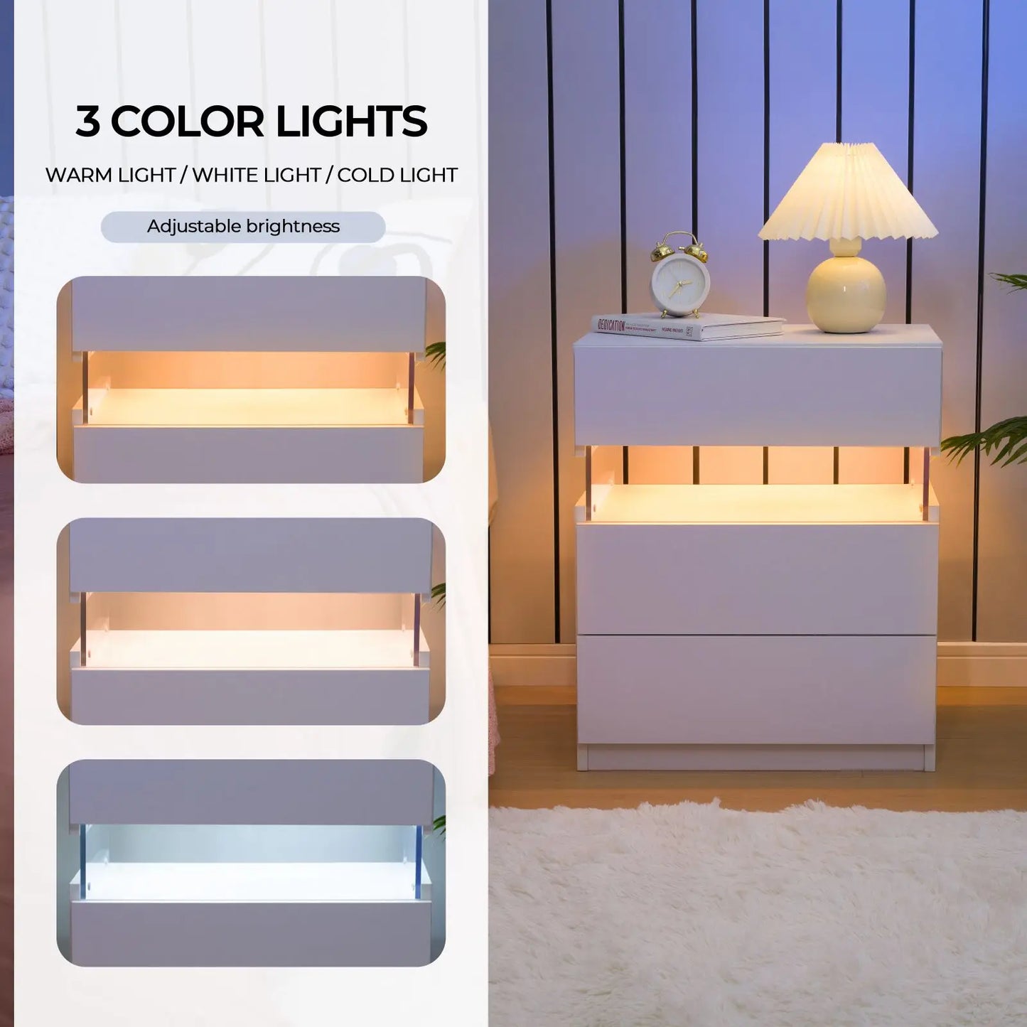Cubehom Bedside Tables Set With LED Lighting 3 Drawer Nightstands