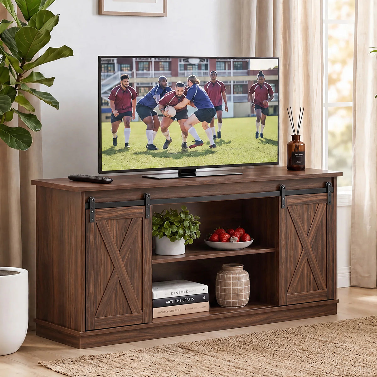 MCQ Minimalist Modern Wood TV Console With Storage Shelves