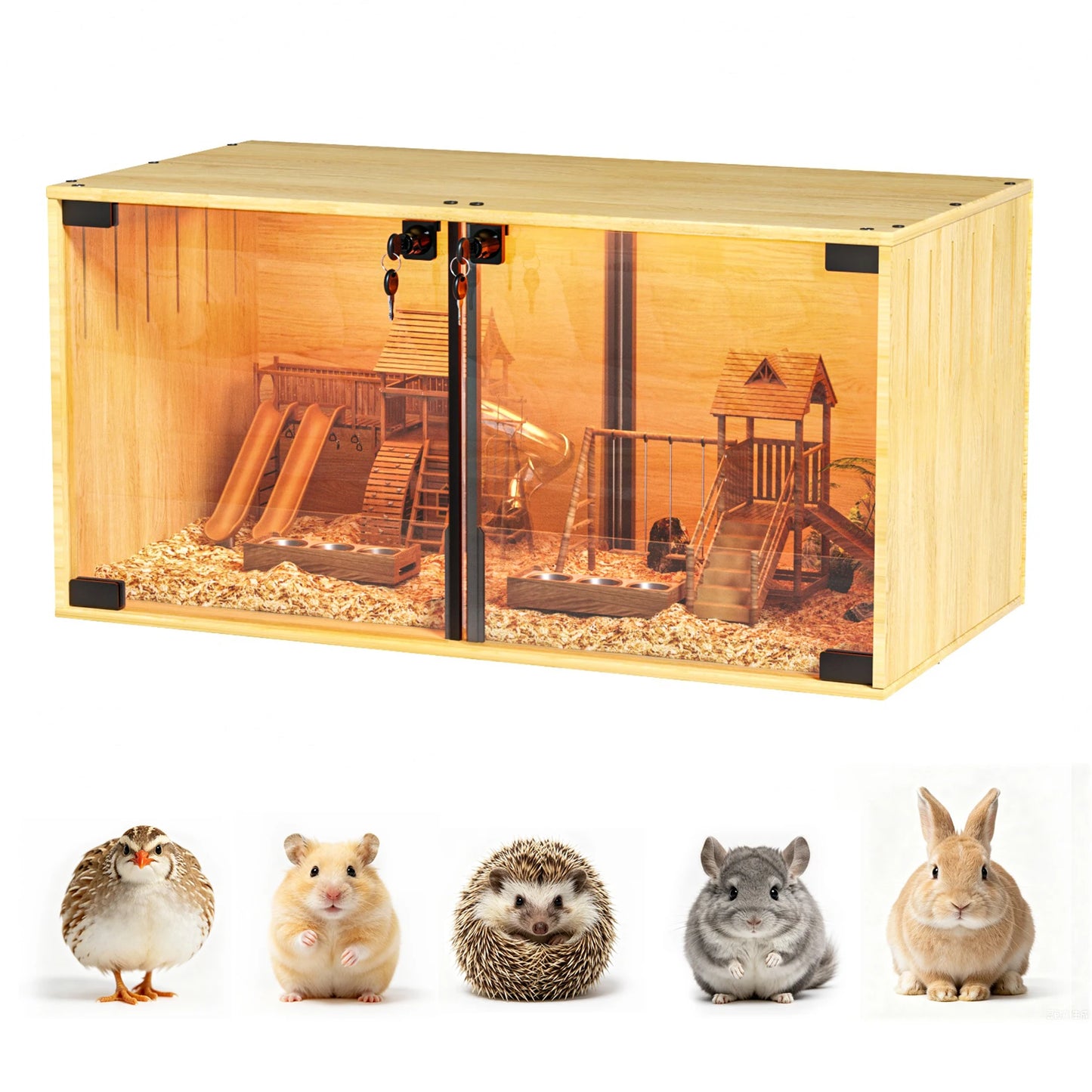 Wooden Hamster Cage With Dual Door Lock Chew Proof Divider