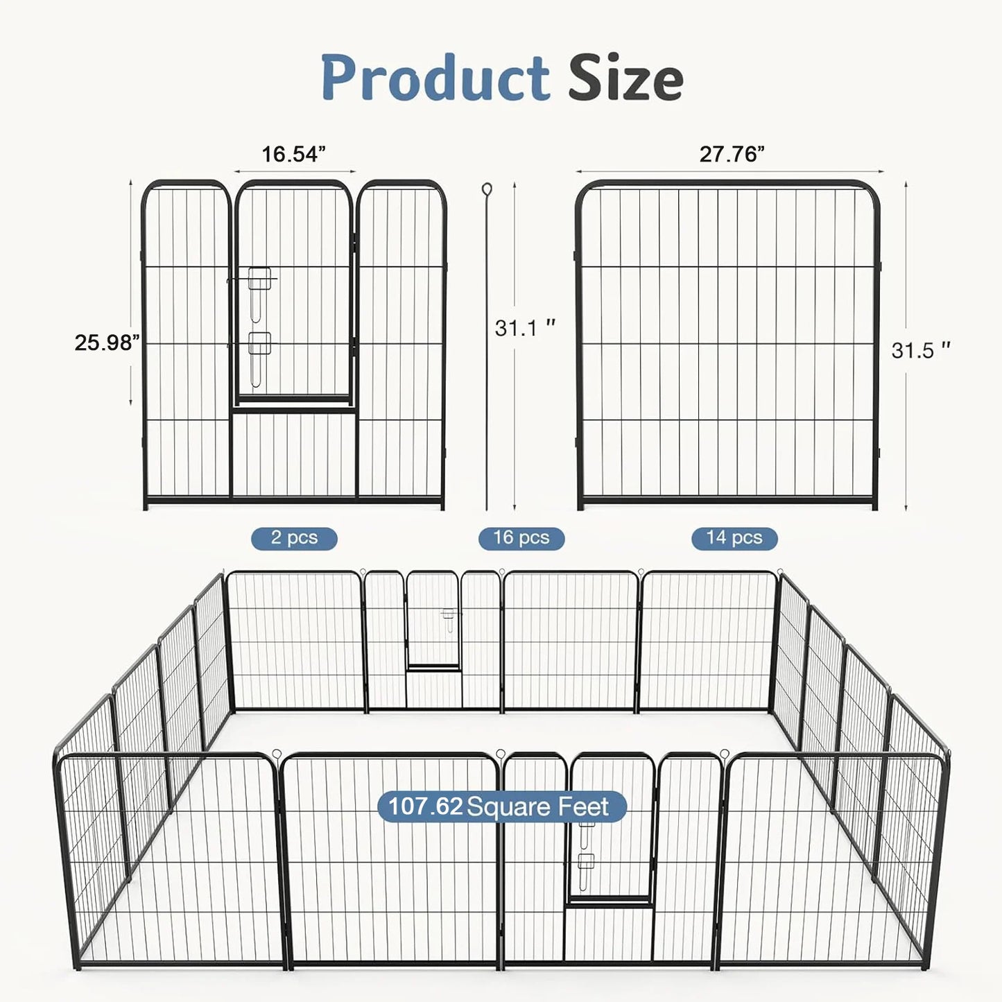 JHK 16-Panel Metal Dog Playpen Foldable Outdoor Fence