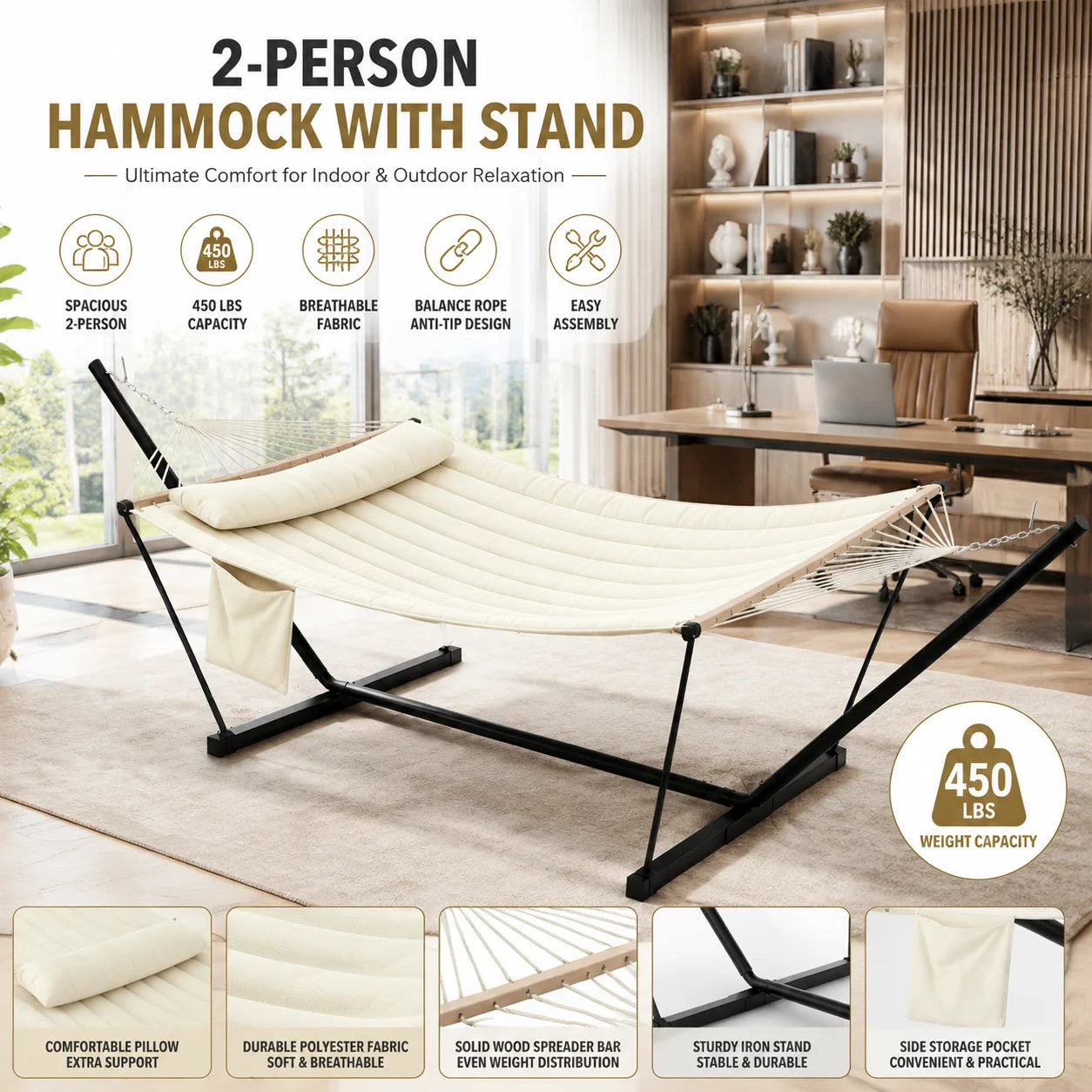 Double Polyester Hammock With Stand And Pillow For Outdoor Relaxation