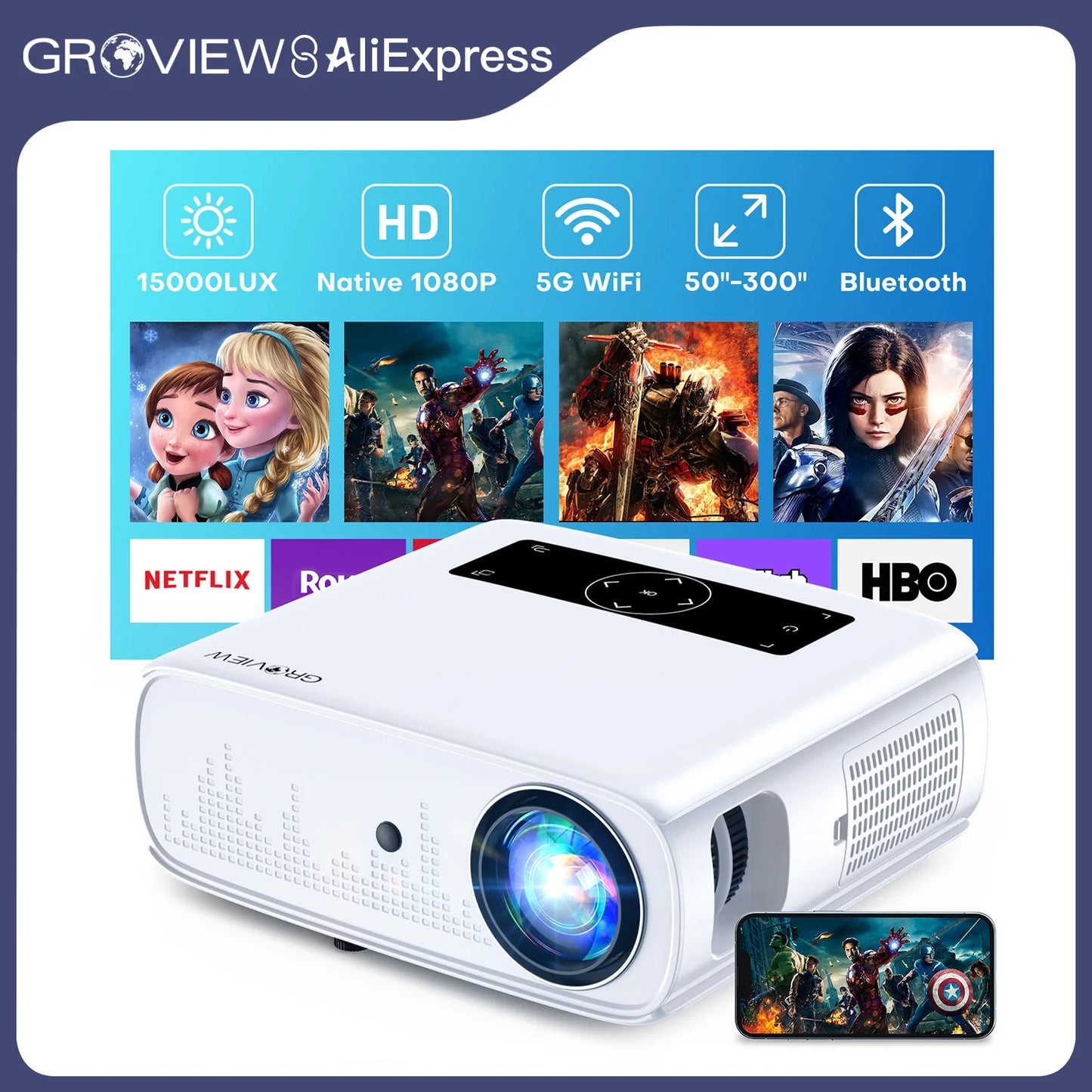Groview 1080P Projector With Wifi And Bluetooth For Home Entertainment