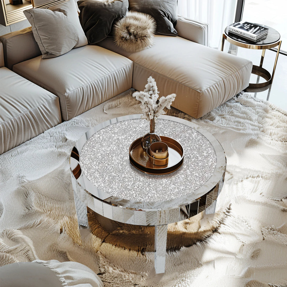 Modern Round Mirrored Glass Coffee Table Featuring Crystal Inlay Accent
