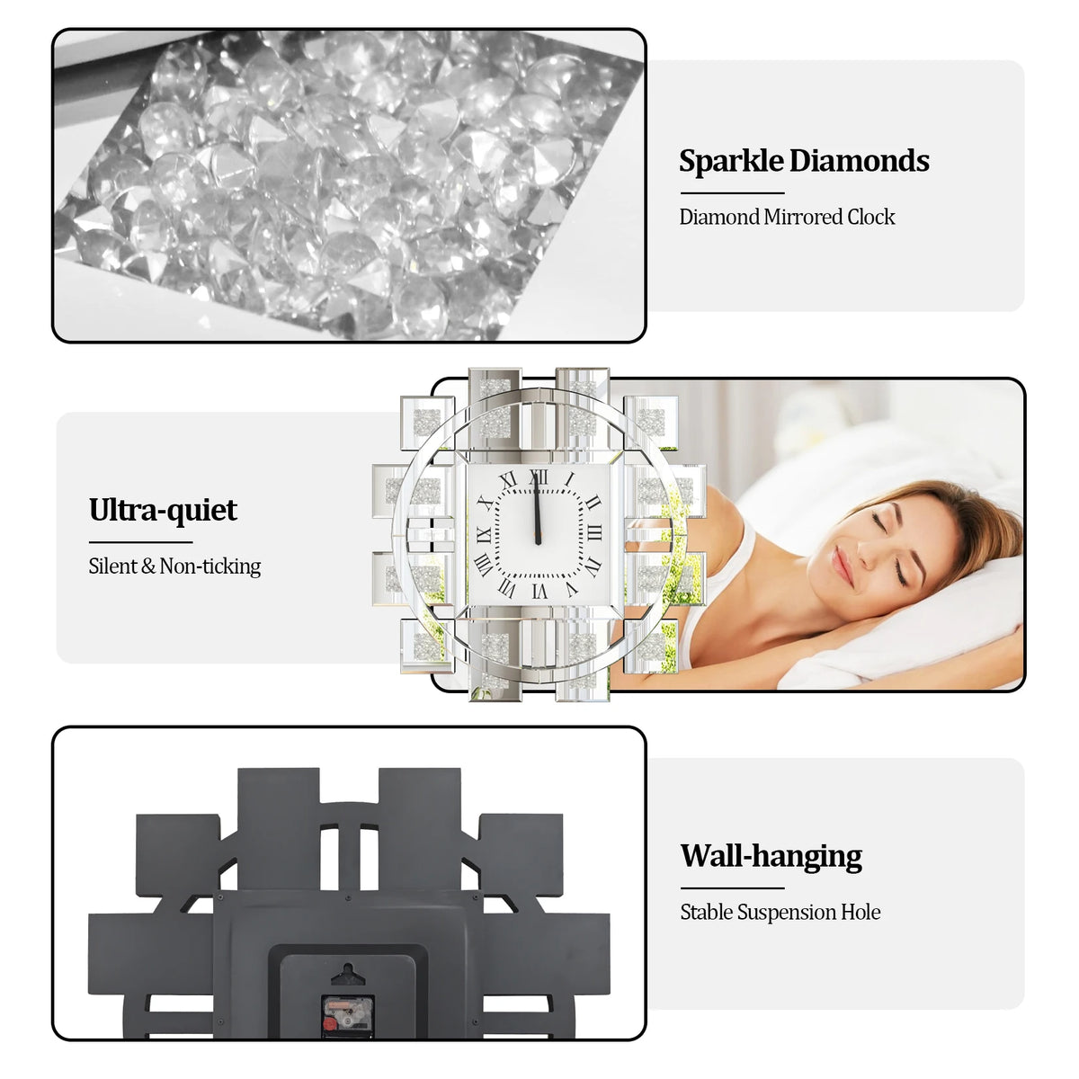 Crushed Diamond Mirrored Wall Clock With Roman Numerals