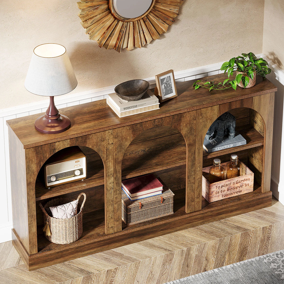 Tribesigns Farmhouse Wooden Console Table With Three Tier Storage Shelf
