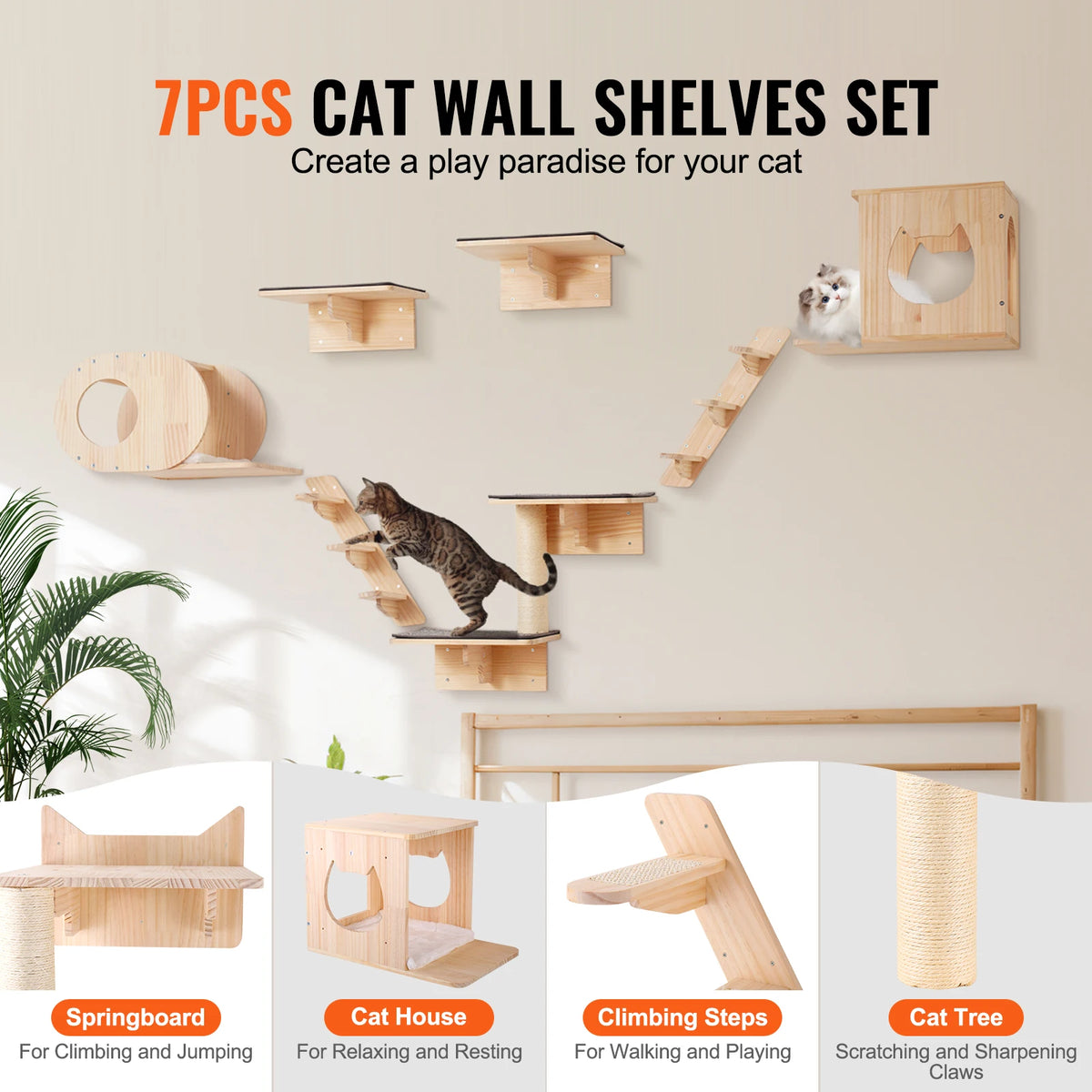 SucceBuy Wall Mounted Cat Shelves With Perches And Hammocks