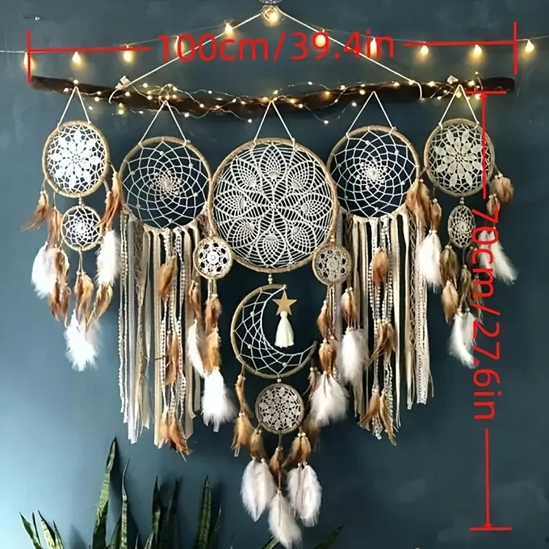 Large Handcrafted 5 Piece Dream Catcher Bohemian Moon Sun Wall Decor