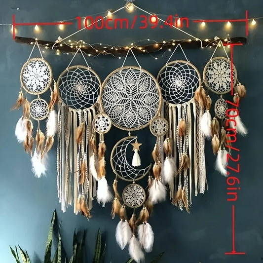 Large Handcrafted 5 Piece Dream Catcher Bohemian Moon Sun Wall Decor