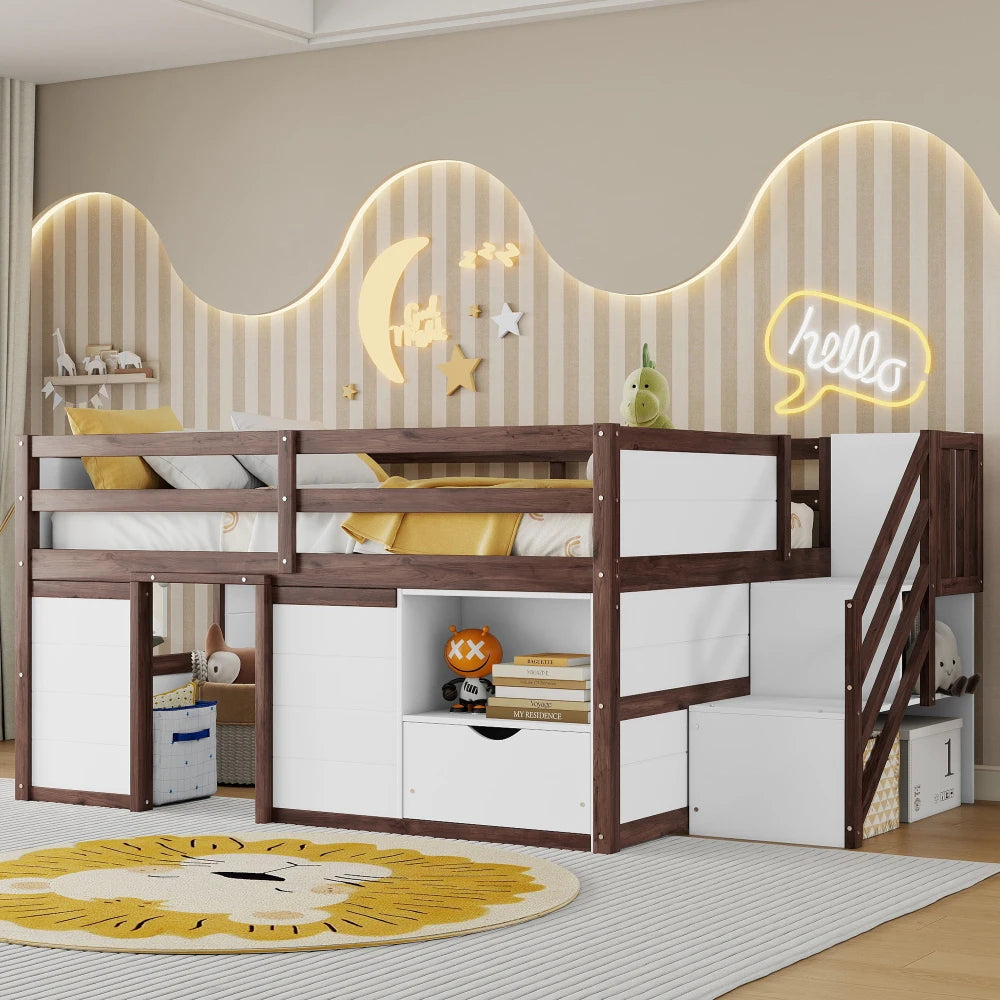 Solid Wood Kids Loft Bed With Stairs Storage Drawer Shelf