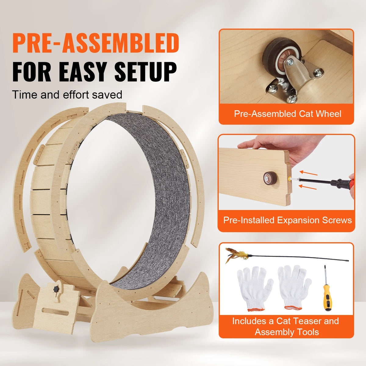 SucceBuy Wooden Cat Exercise Wheel with Detachable Carpet and Teaser